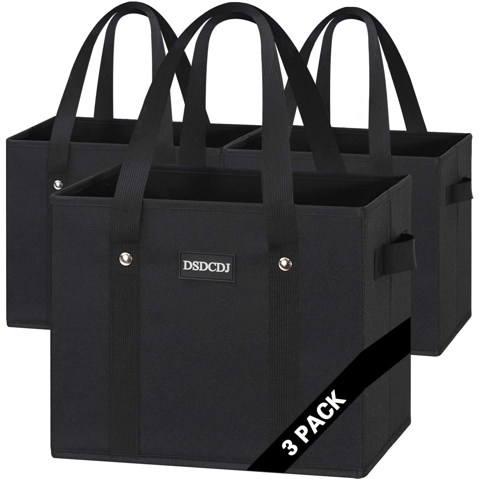 3 Pack Reusable Grocery Bags Heavy Duty Box Reinforced Bottom Black Foldable