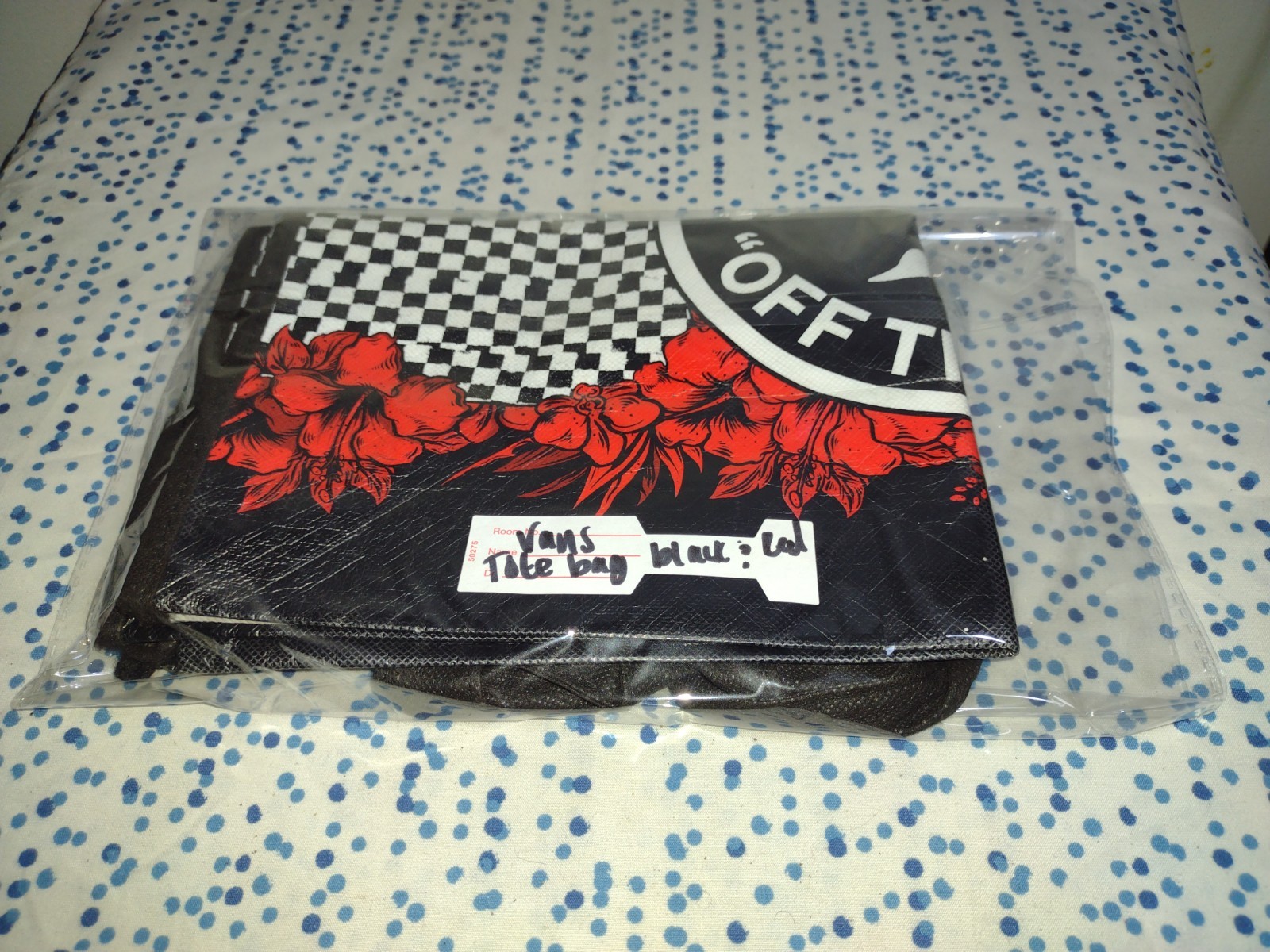 Vans Off The Wall Reusable Large Black Checked Red Floral Shopping Tote Bag
