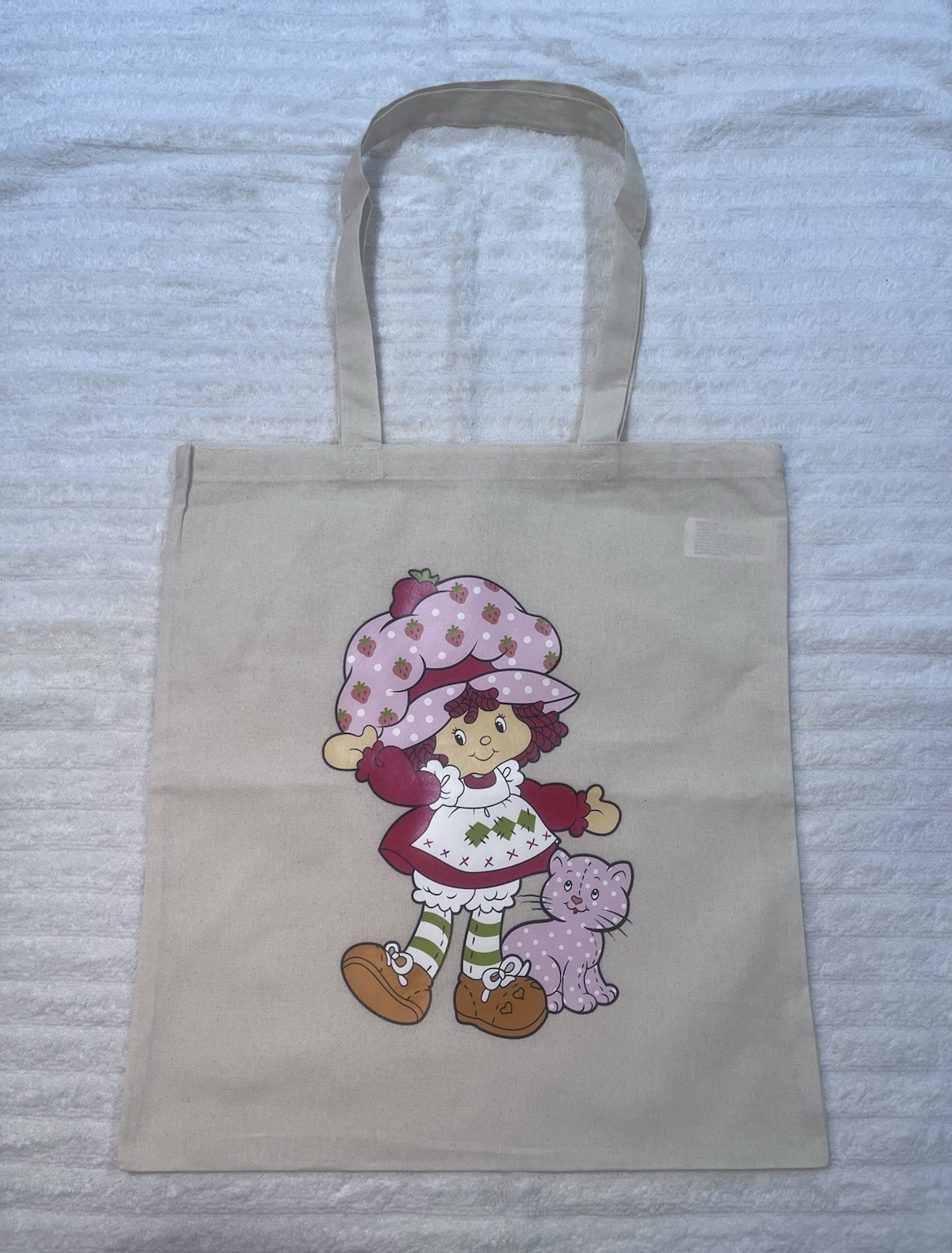 Reusable Canvas Tote Bag Beige Multicolor Cartoon Girl & Cat Print Medium 12 in