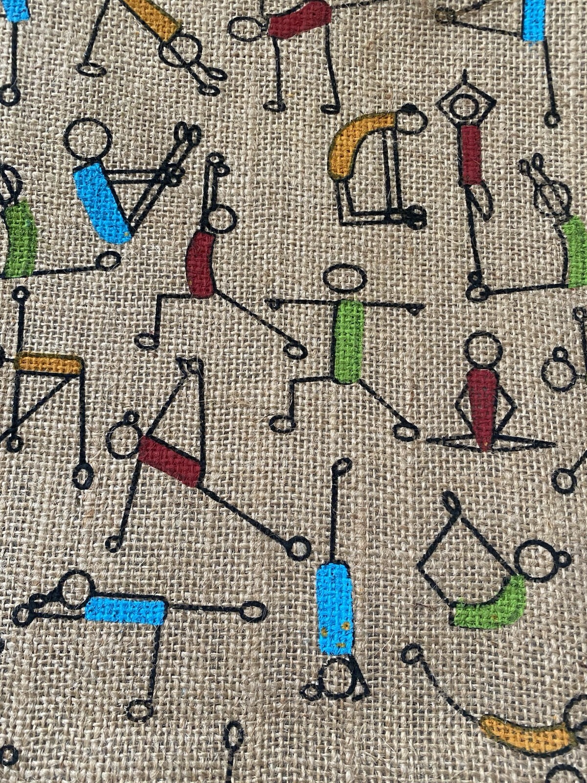 Jute Foldable Reusable Shopping Bag with Colorful Yoga Pattern, Beige Multicolor