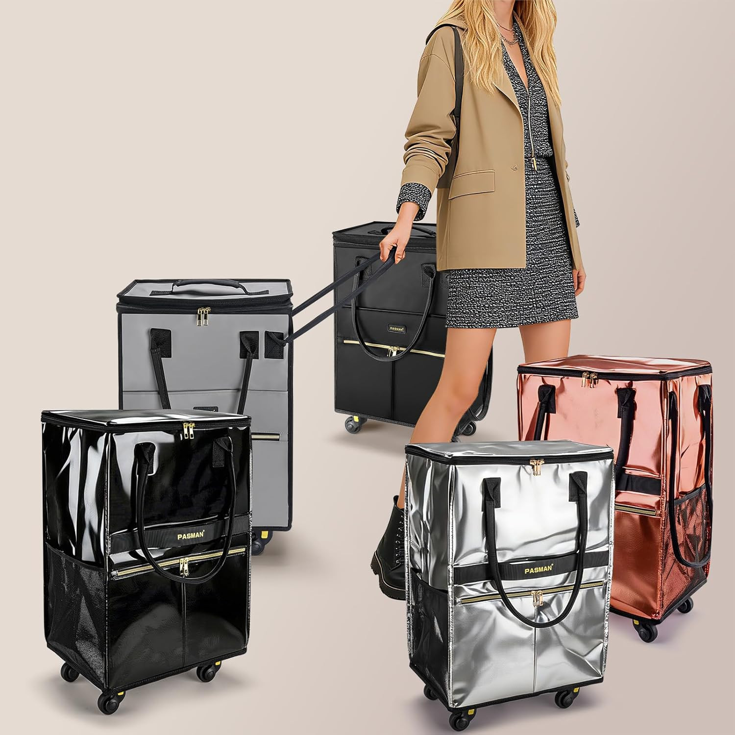 Reusable Grocery Bag on 5 Wheels, Foldable Rolling Tote Bag with Handle and Zipp