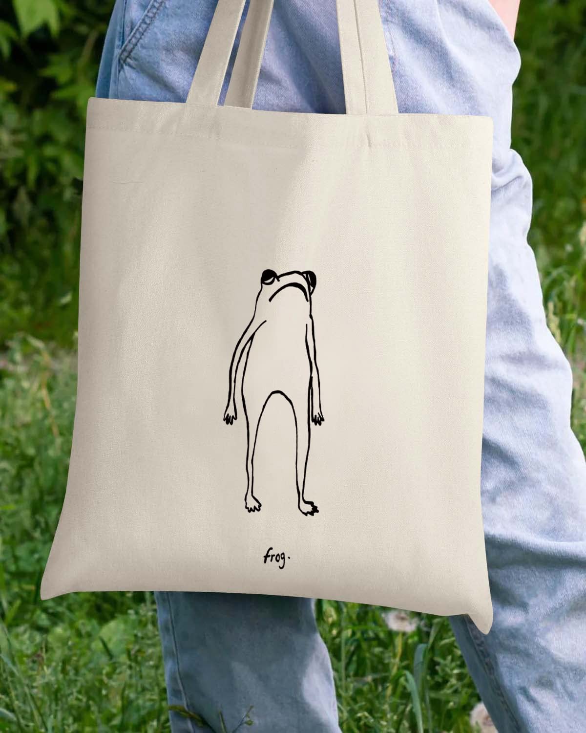 Canvas Tote Bag Aesthetic for , Cute Trendy Frog Hand Drawn Reusable Cloth Co…