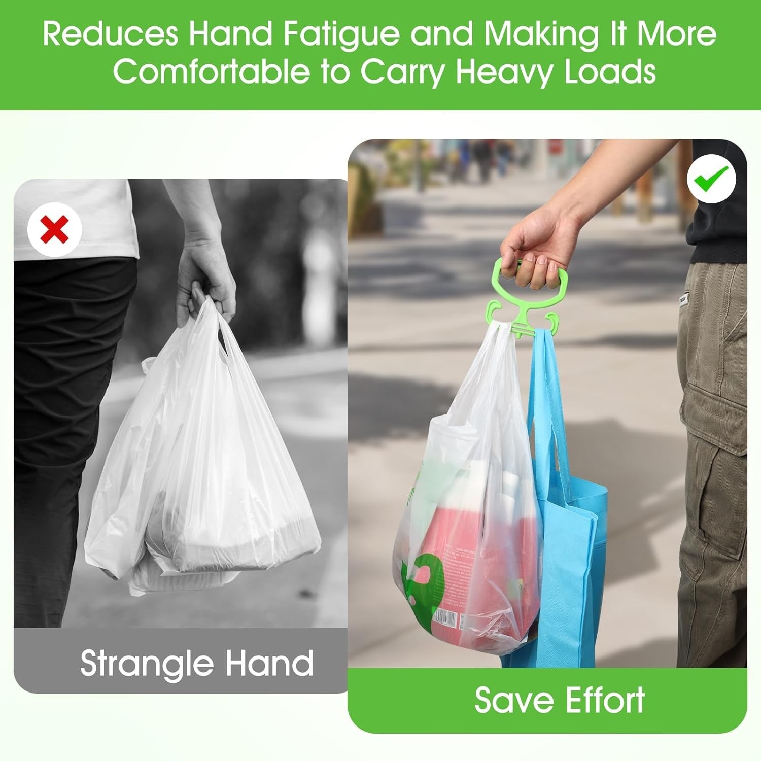 Heavy Duty 2 Pack Grocery Bag Carrier – Comfortable Grip, Holds 80 lbs. Green