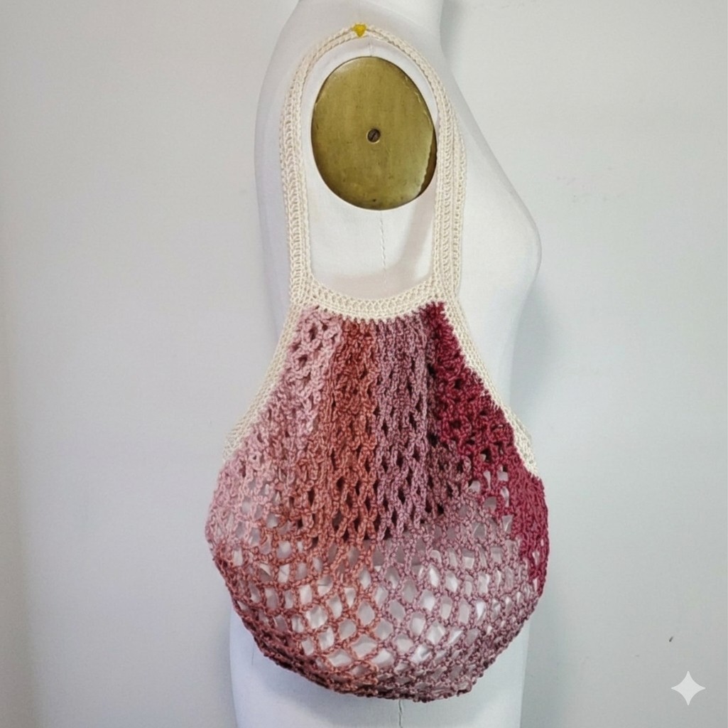 Handmade Purple Farmers Market Bag Crochet French Net Sack Cotton Grocery Beach