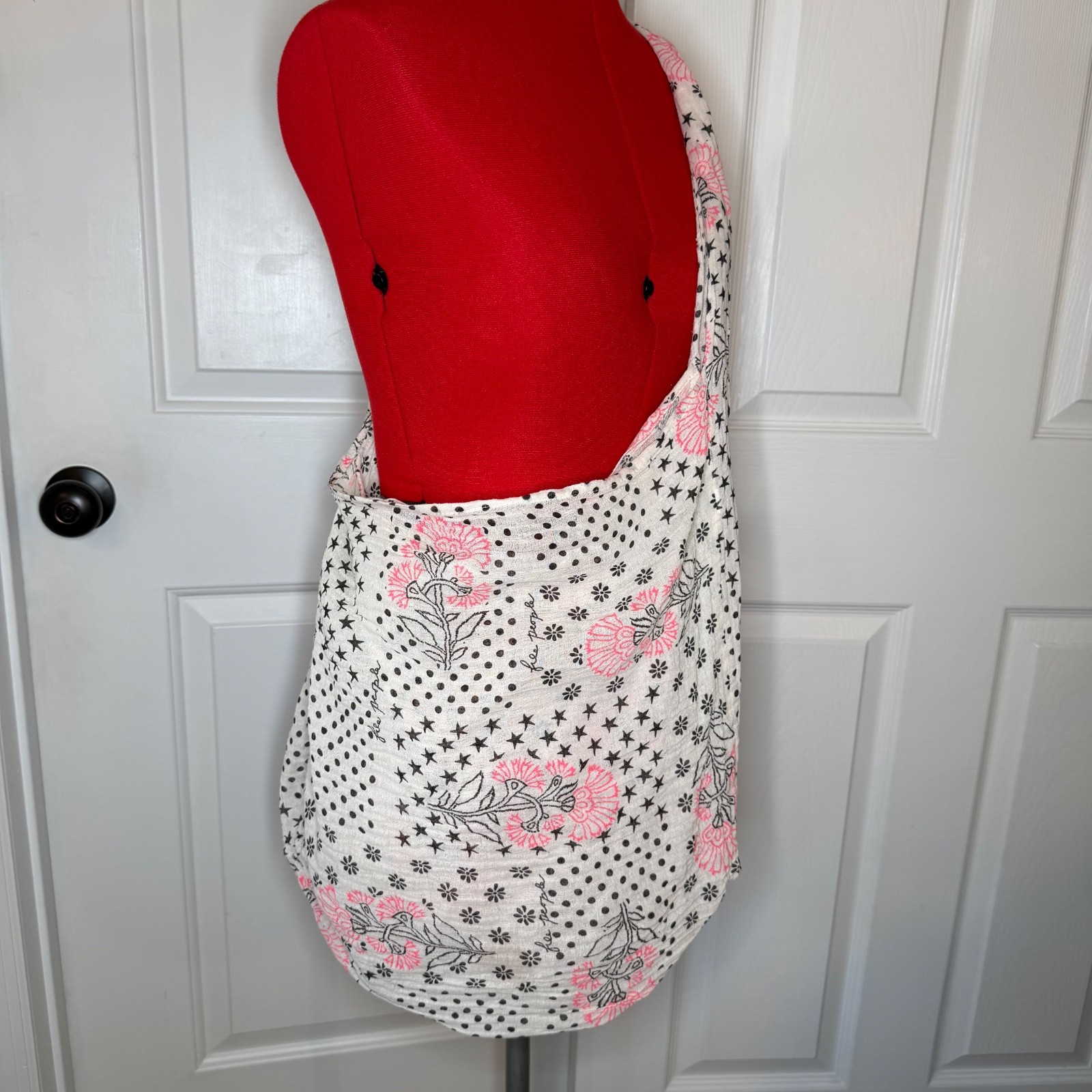 Free People Linen Reusable Shopping Tote Bag Lightweight Boho Stars Floral Large