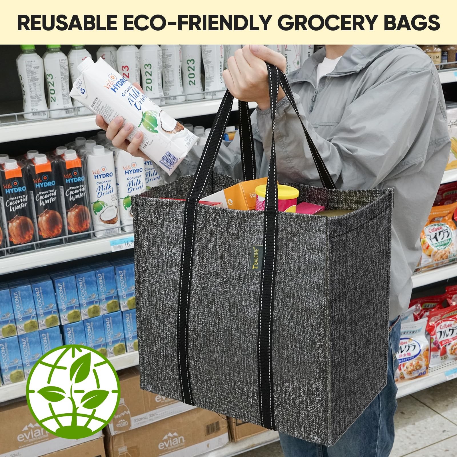 BALEINE 4 PK Grocery Bags Reusable Shopping Bags with Reinforced Bottom, Heav…
