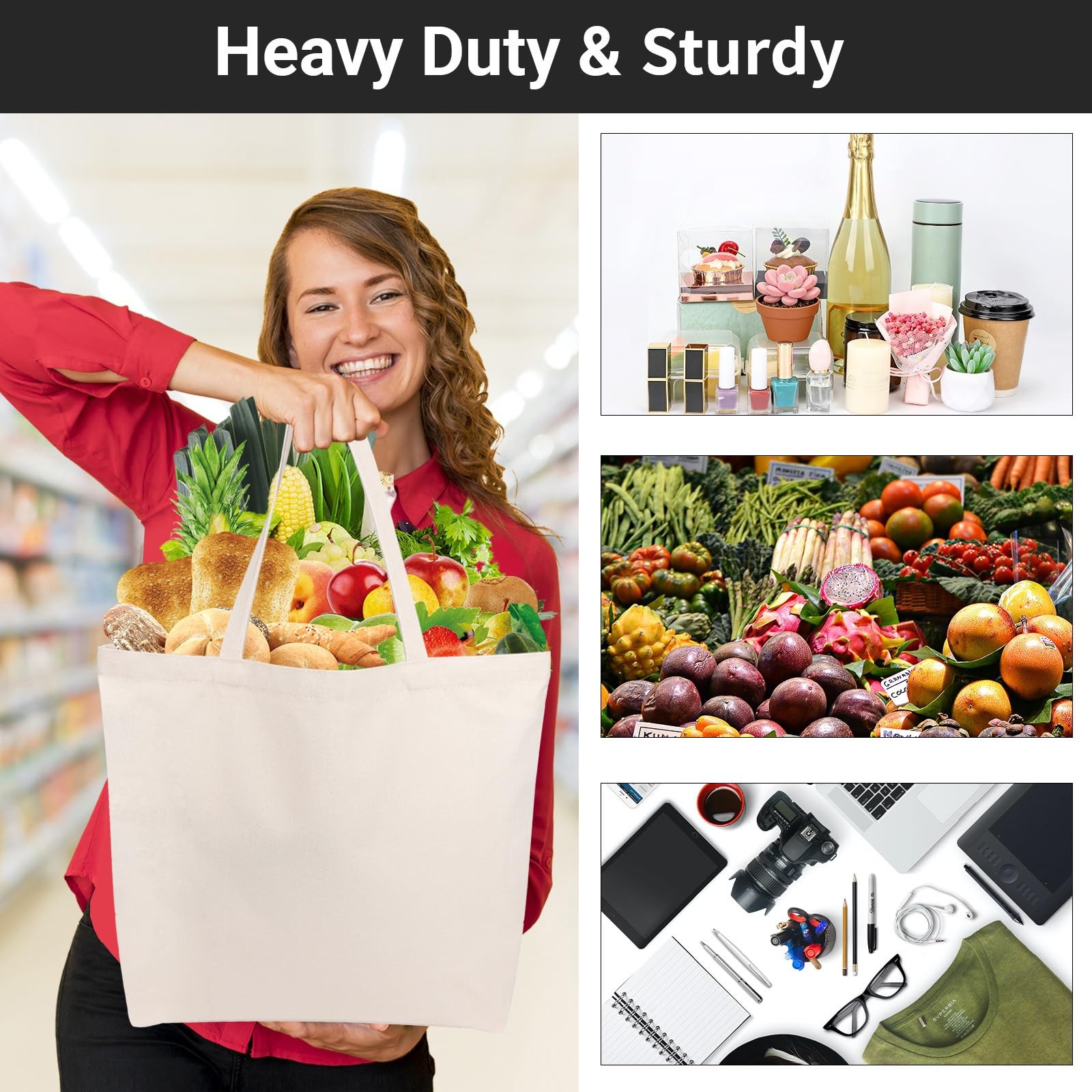 6 Packs Canvas Tote Bag with Zipper, 16×13 inch Reusable Washable Grocery Sho…
