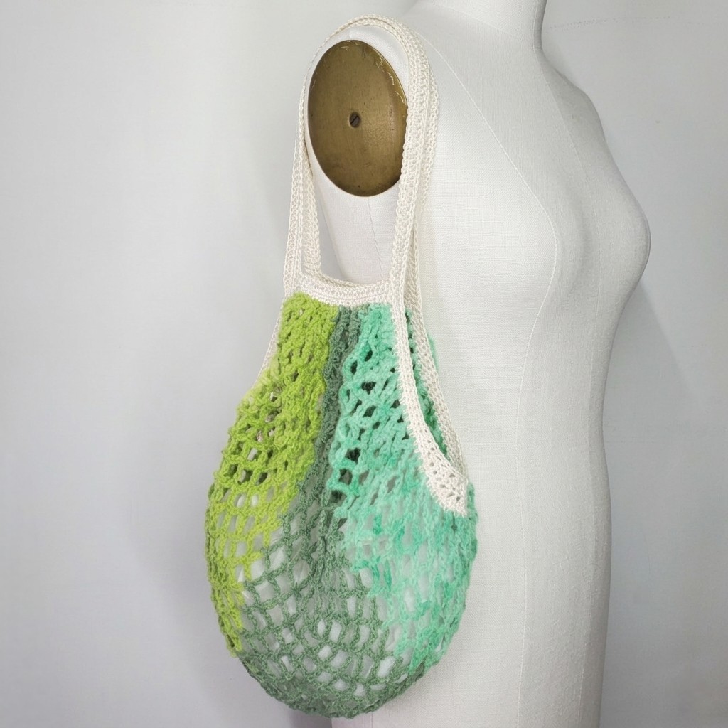 Farmers Market Bag Green Crochet French Net Sack Cotton Grocery Beach Handmade