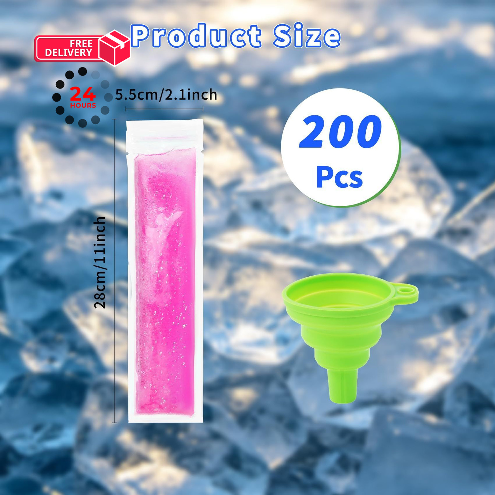 200Pcs Disposable Ice Popsicle Bags With Silicone Funnel, 55x280mm, White