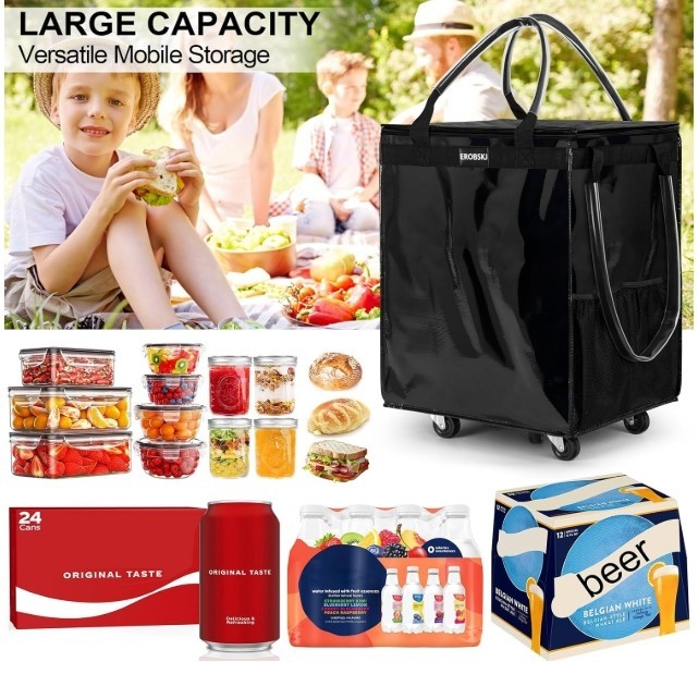 EROBSKJ Large Rolling Grocery Bag w/ 5 Wheels 76lb Capacity Foldable Black