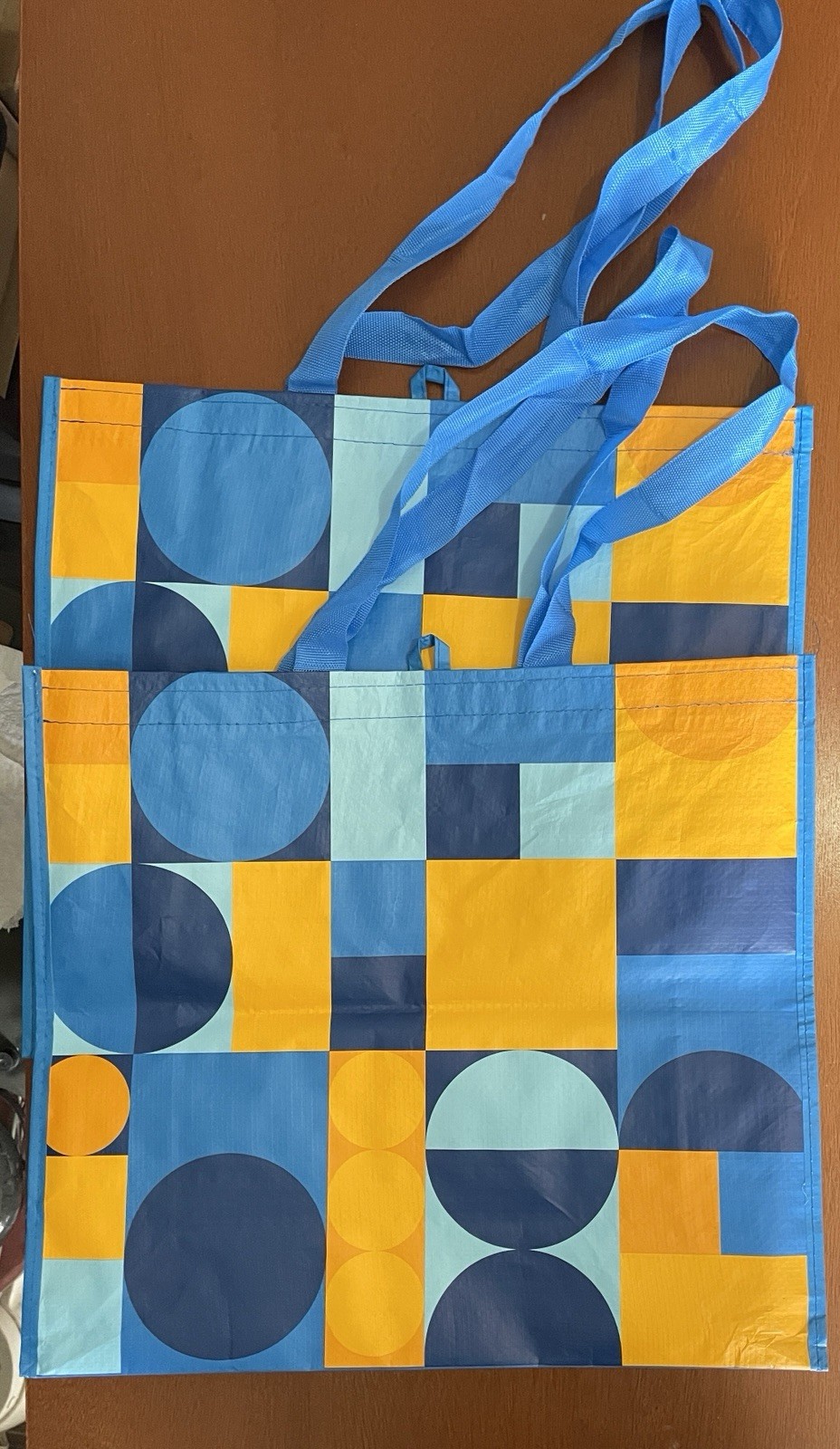 Walmart Large Shopping Bags Lot Of 16 Reusable Blue Yellow Geometric Design