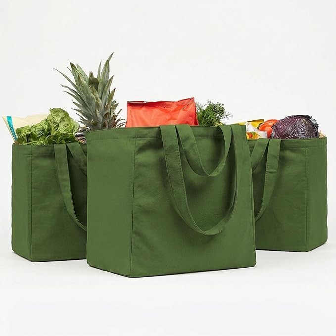 Canvas Grocery Bags Set of 3 Heavy Duty Reusable 80lbs Capacity Shoulder Strap