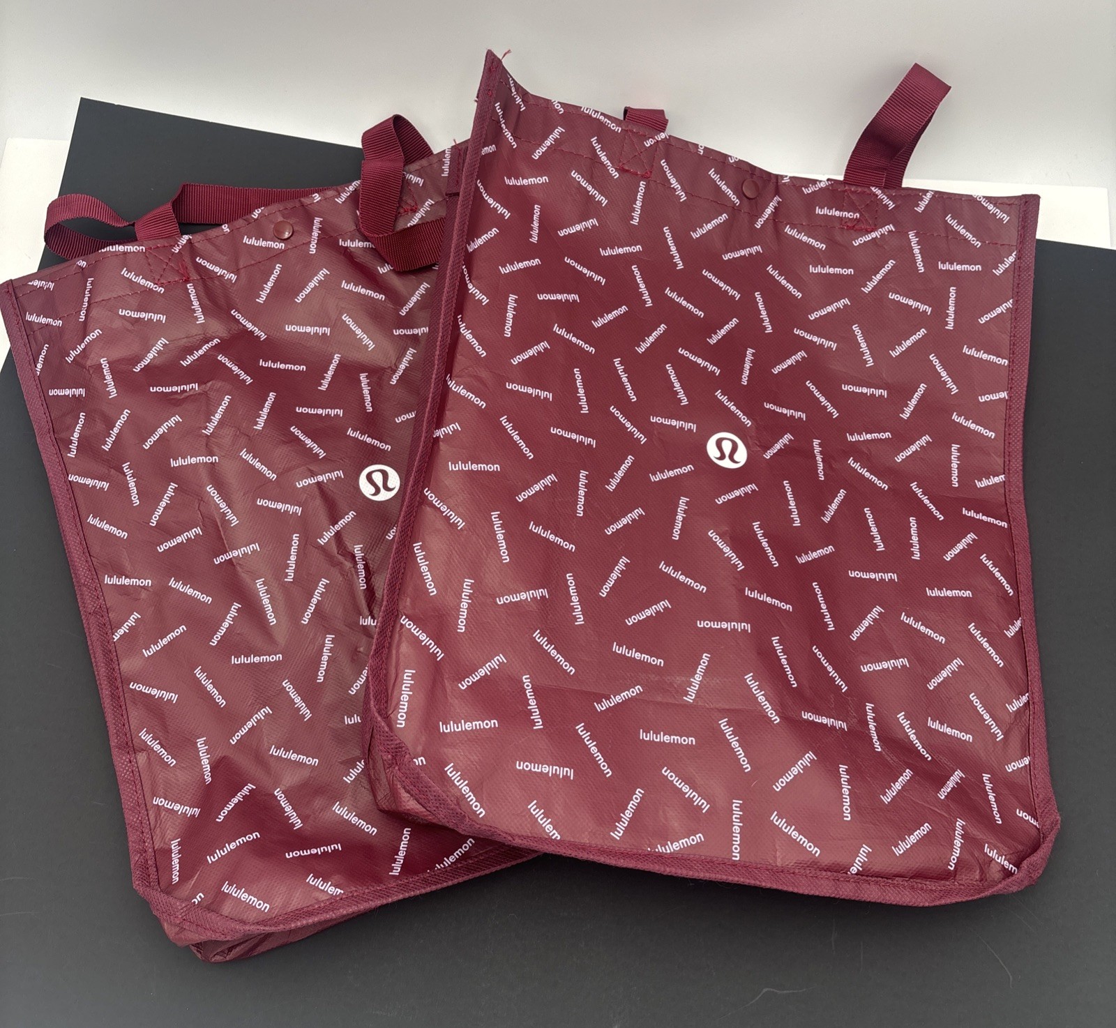 LULULEMON 2 Burgundy Holiday GRAPHIC LOGO Reusable Shopping Large 16”x 14”x 6”