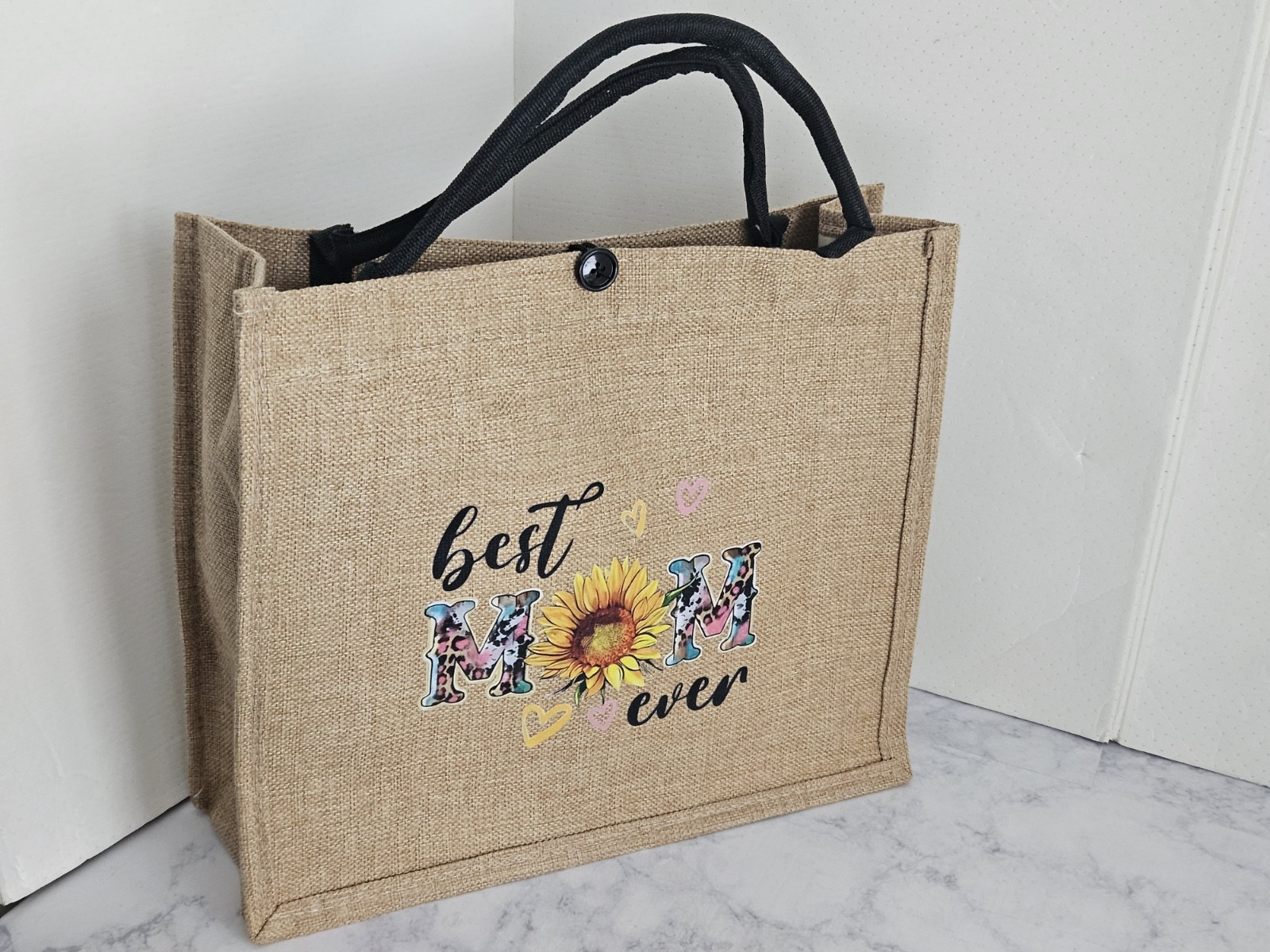 Medium Burlap Tote Bag 12.5″ H X 14″ W X 4.75″ D W/Written Words “Best Mom Ever”