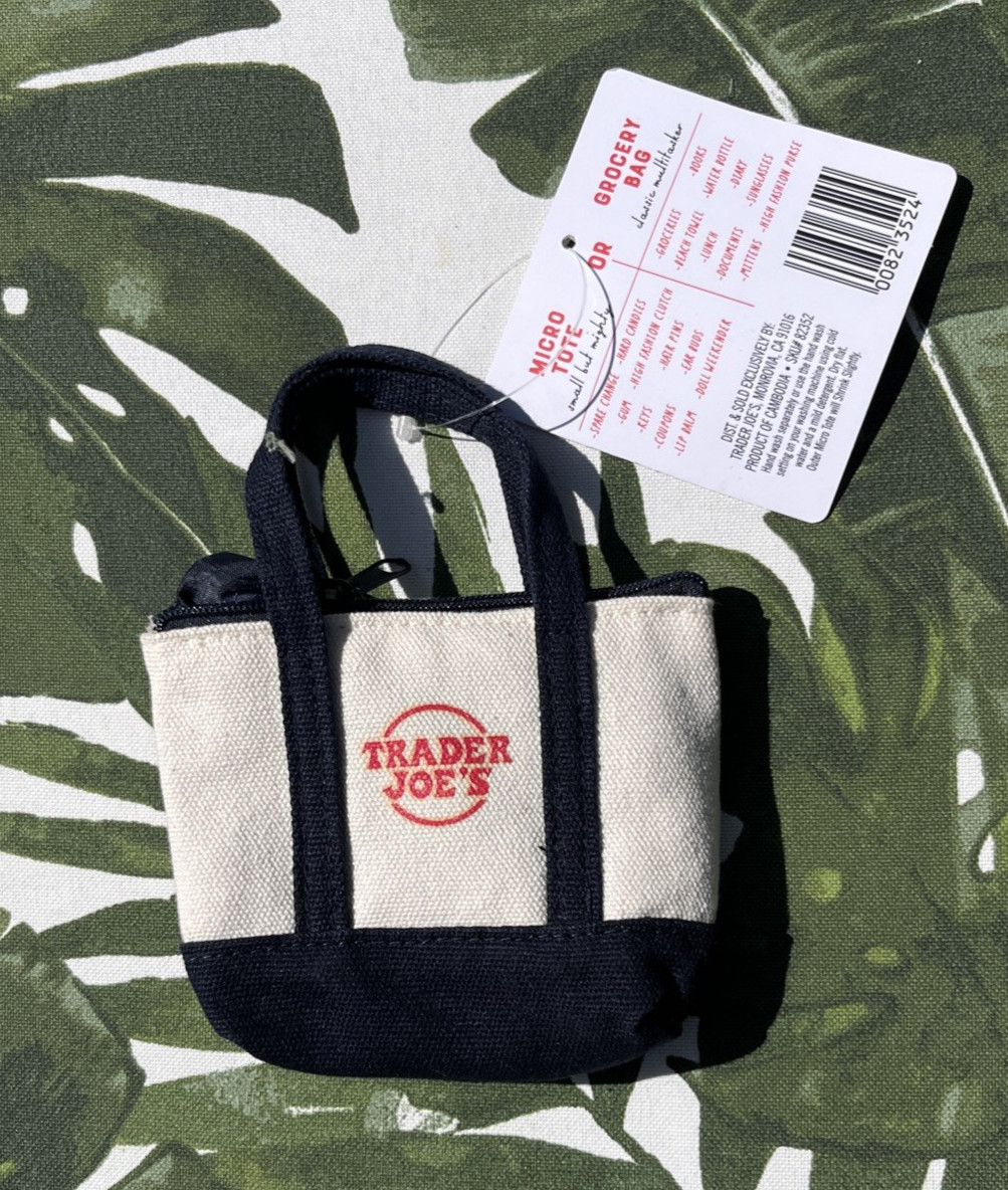 Trader Joe’s Canvas Micro Tote Beige & Black Foldable Zipper Bag New w/Tag