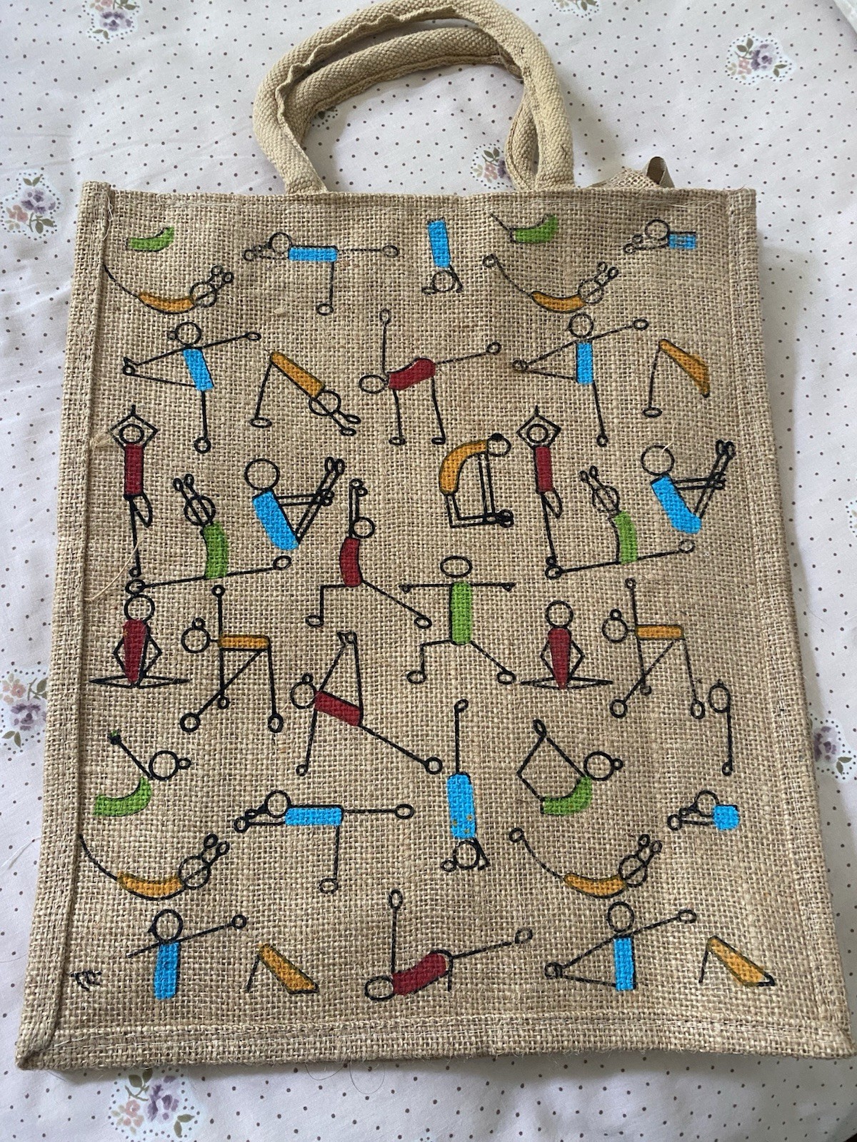 Jute Foldable Reusable Shopping Bag with Colorful Yoga Pattern, Beige Multicolor