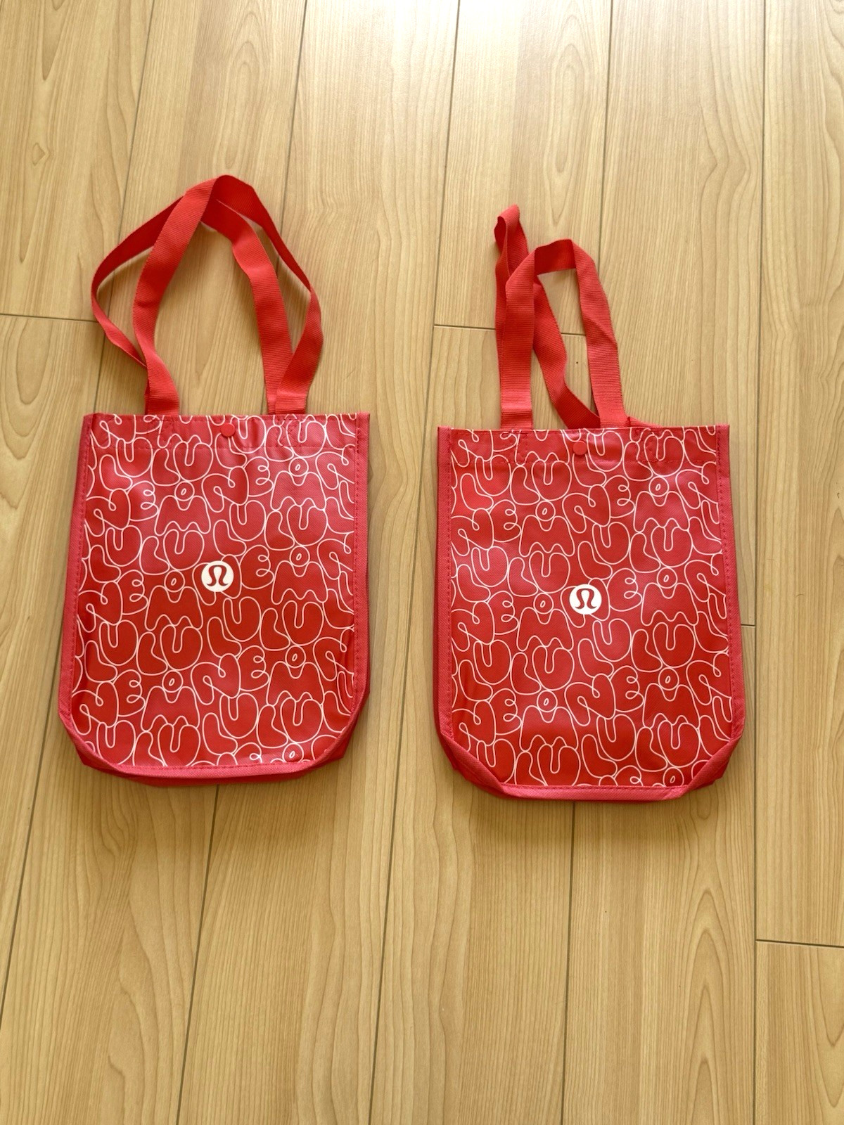 Lululemon Small Red & White Bubble Logo Small Reusable Shopping Tote Bag Set x 2