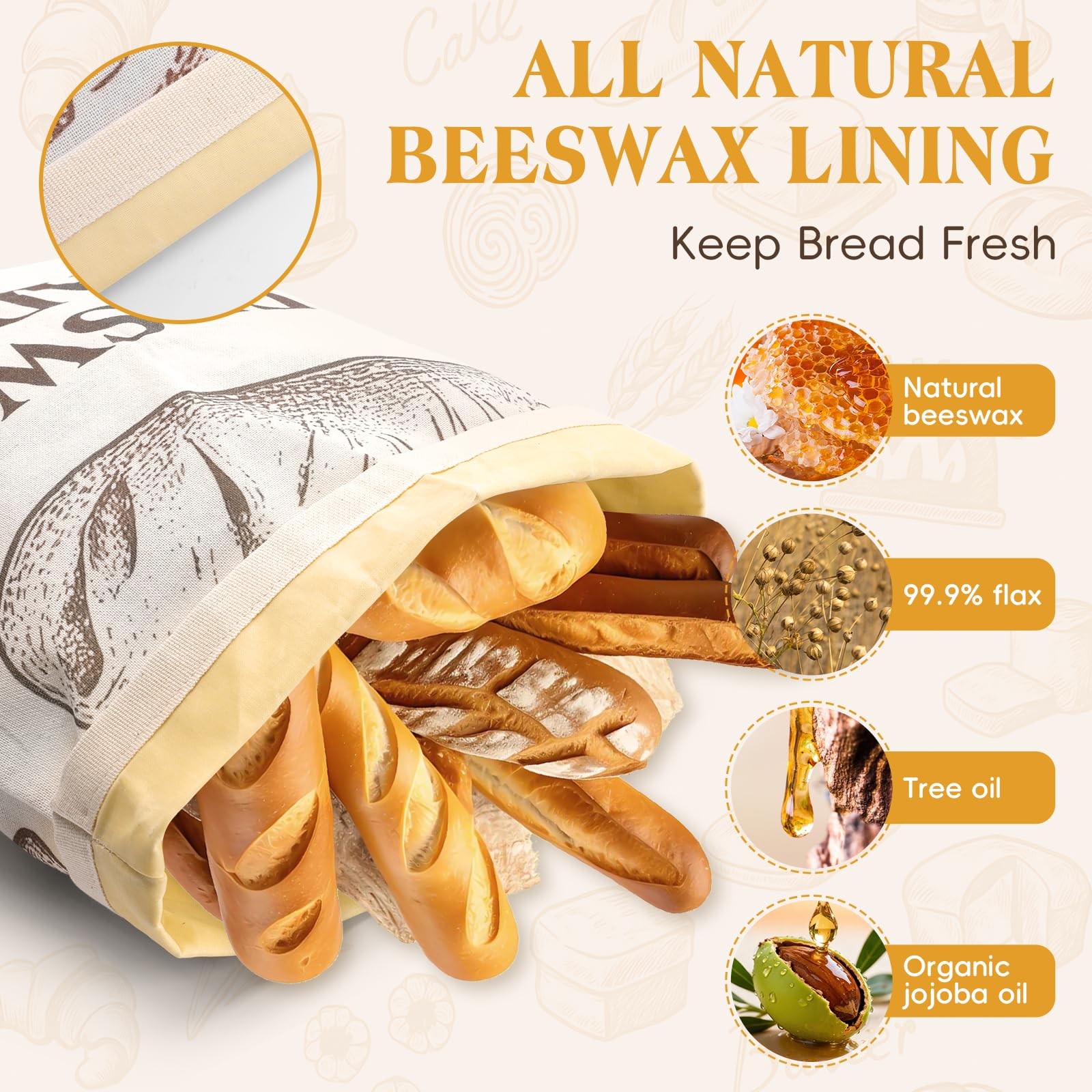 UGODAR Natural Beeswax Bread Bags XL Large, 2 Pack