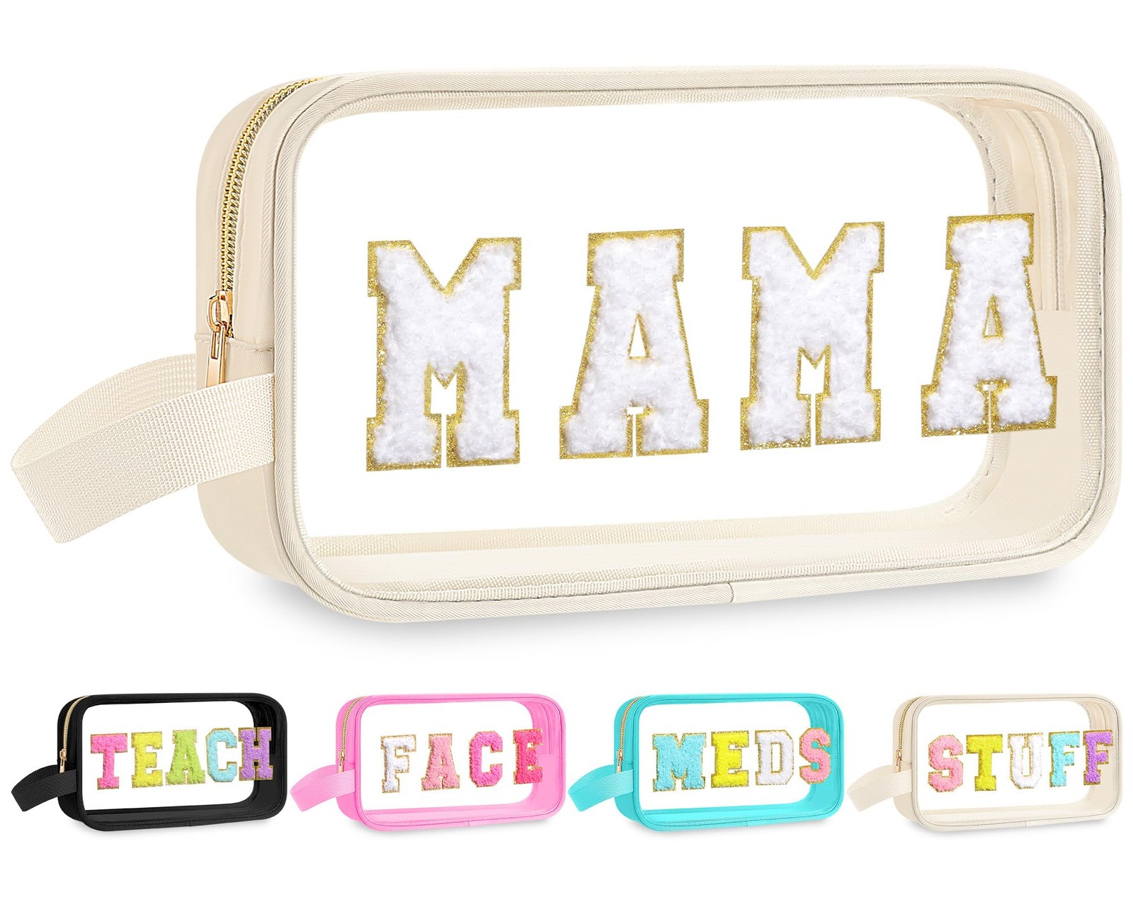 Kacctyen Clear Letter Mama Makeup Bags Preppy Waterproof Cosmetics Beige