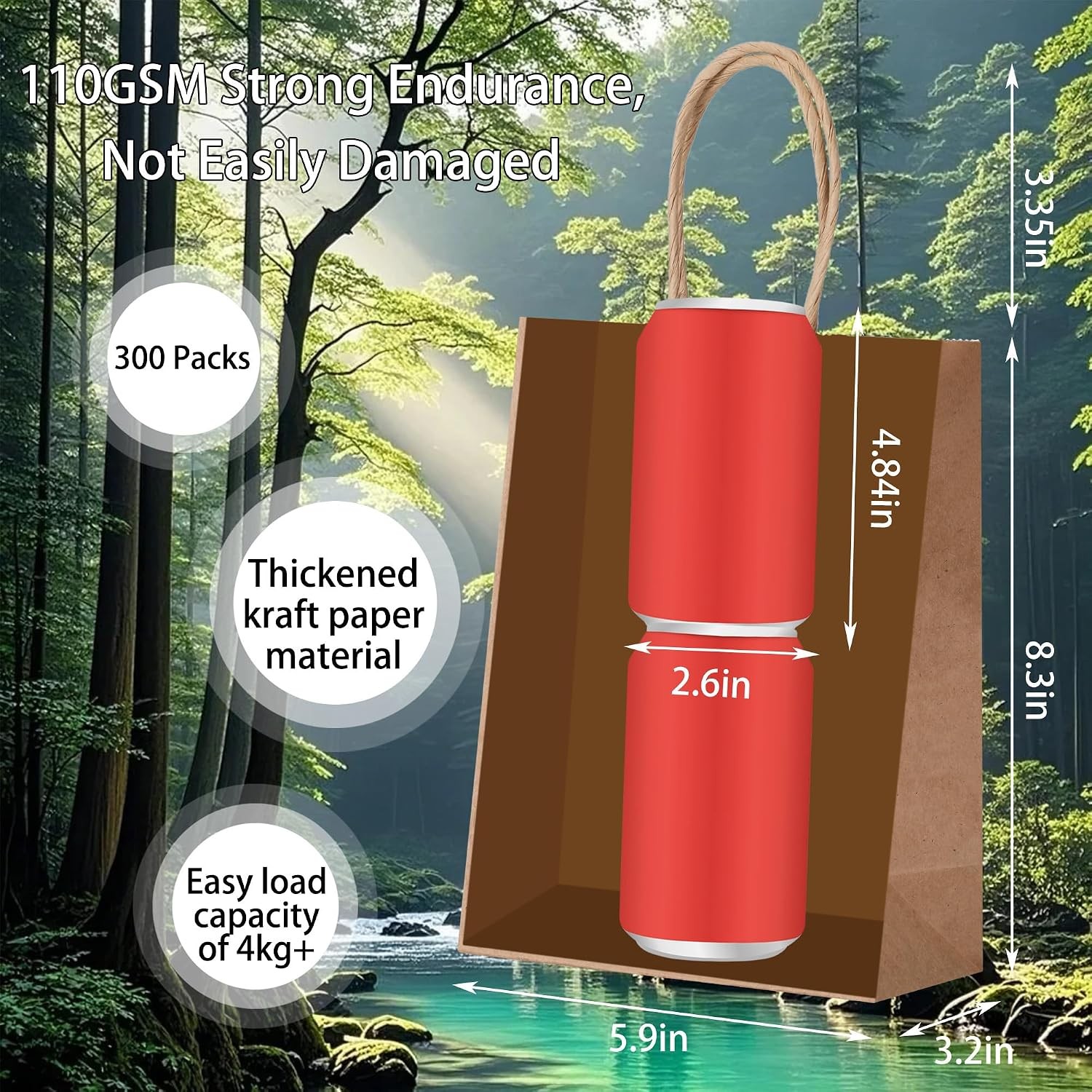 300 Pack 5.9×3.2×8.3 Inch Small Brown Paper Bags with Handles Bulk, Kraft Paper