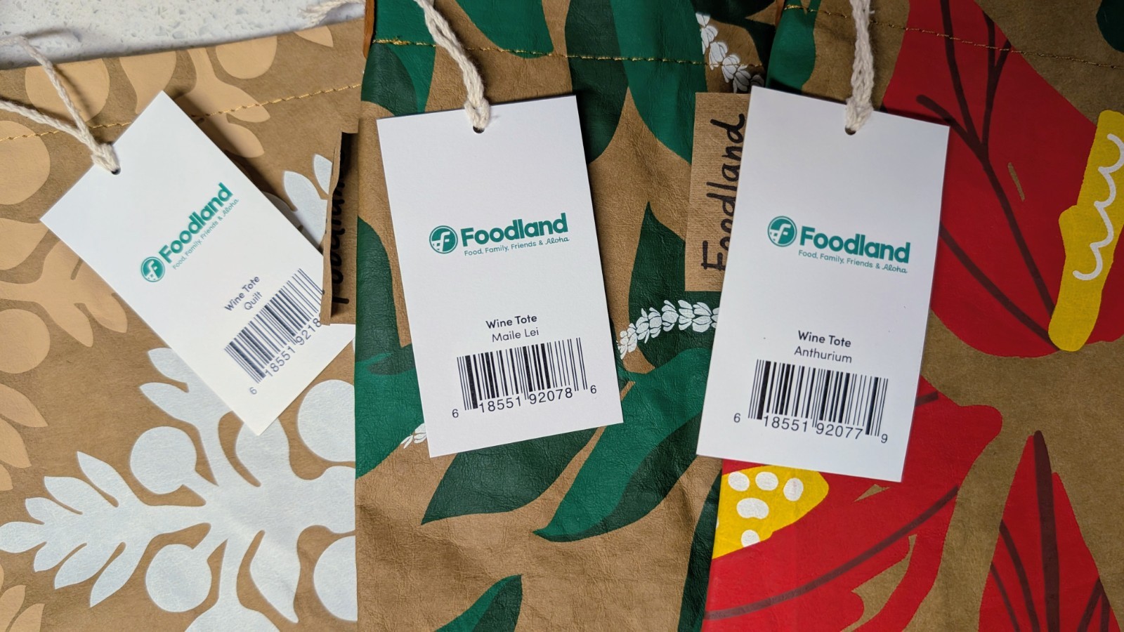 Foodland Hawaii Hawaiian Floral Reusable Wine Paper Tote Bag -Set of 3