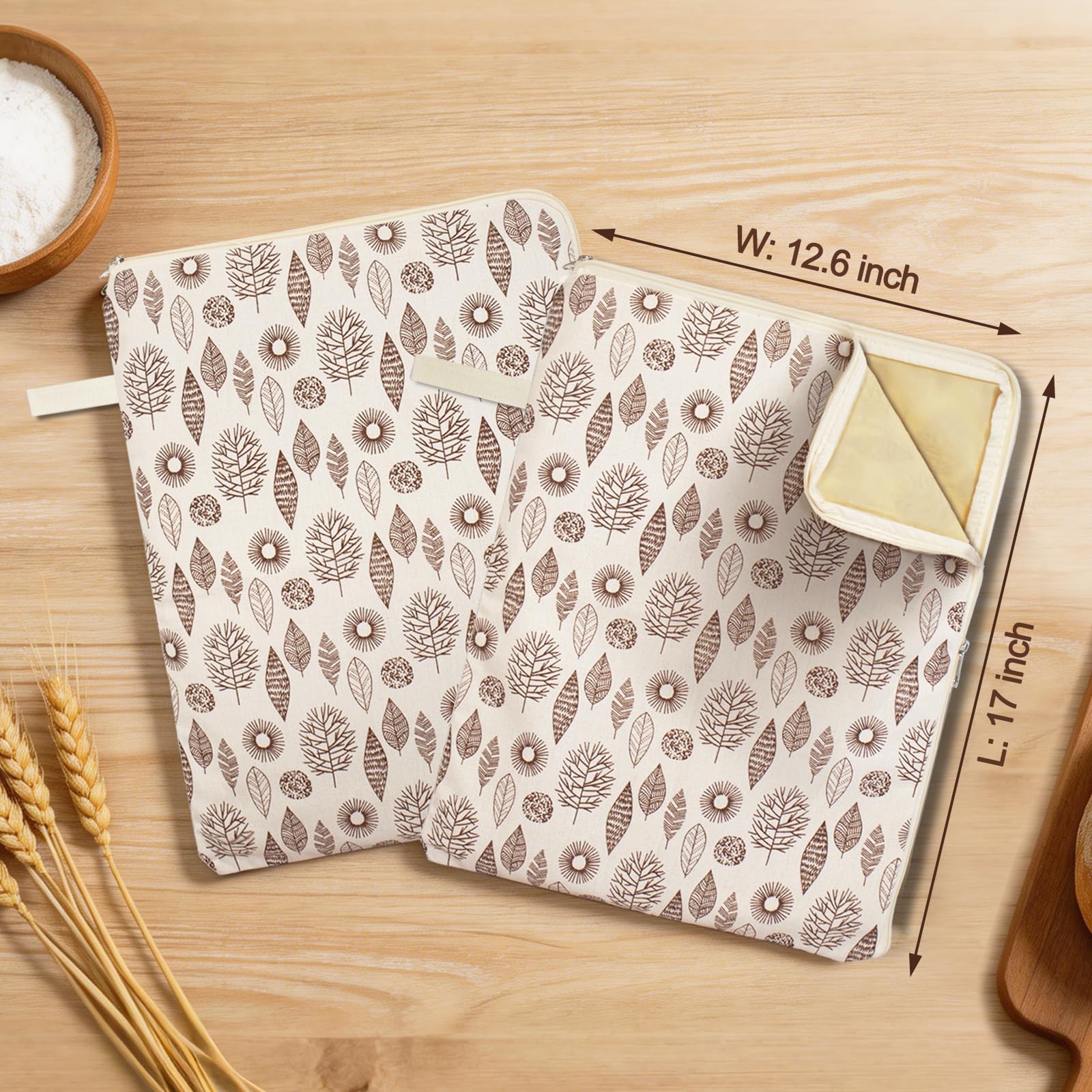 Wide Zipper Access Beeswax Bread Bags for X-Large, Leaf Printed Pattern