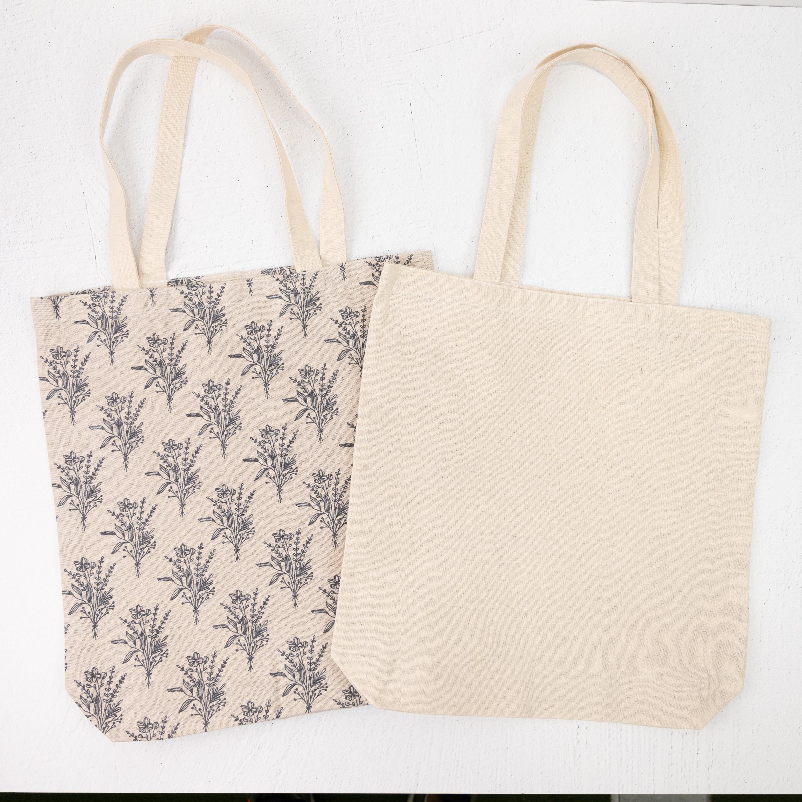Reusable Cotton Canvas Tote Bags (2-Pack) • natural, navy floral • 14″ x 16″