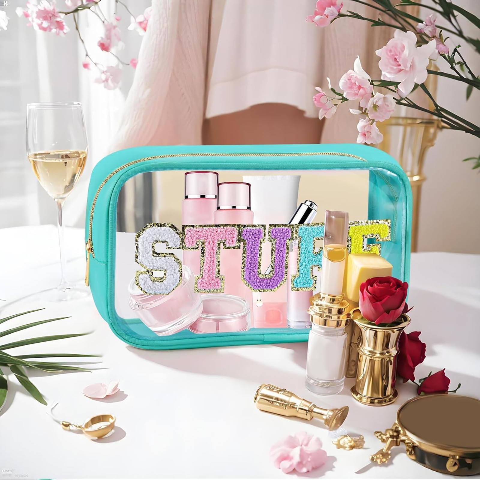 URSKYTOUS Chenille Letter Clear Makeup Bag Nylon Preppy Patch CF Green-STUFF