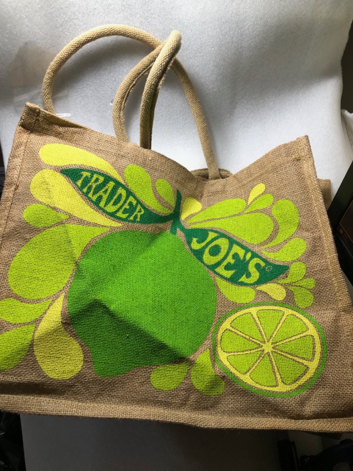 Trader Joe’s Large Tote Bag Lemon and Lime Jute Burlap Reusable Shopping Bag(S)