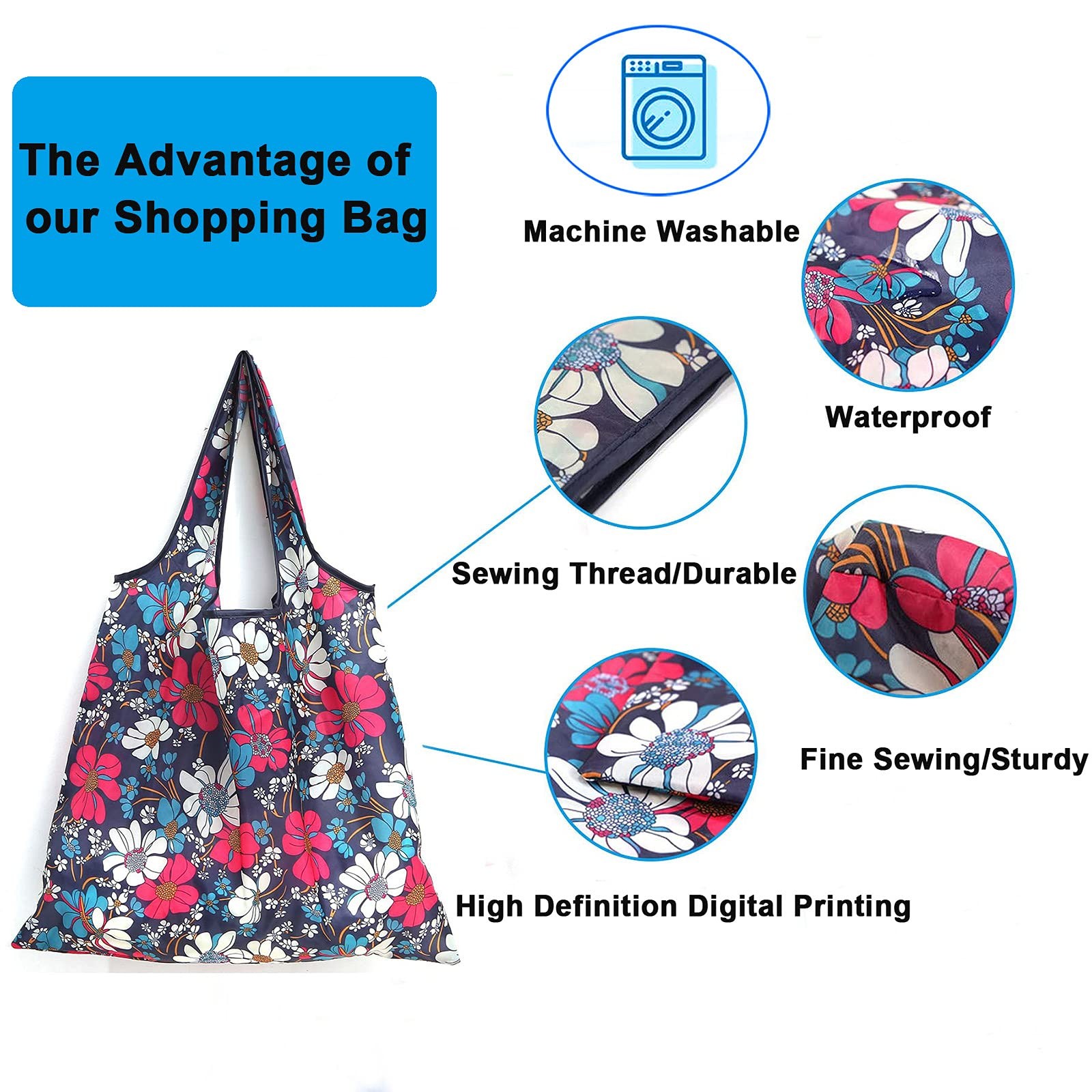 6 PCS Xlarge Reusable Grocery Bag 50LBS Foldable Washable Ripstop Nylon Tote