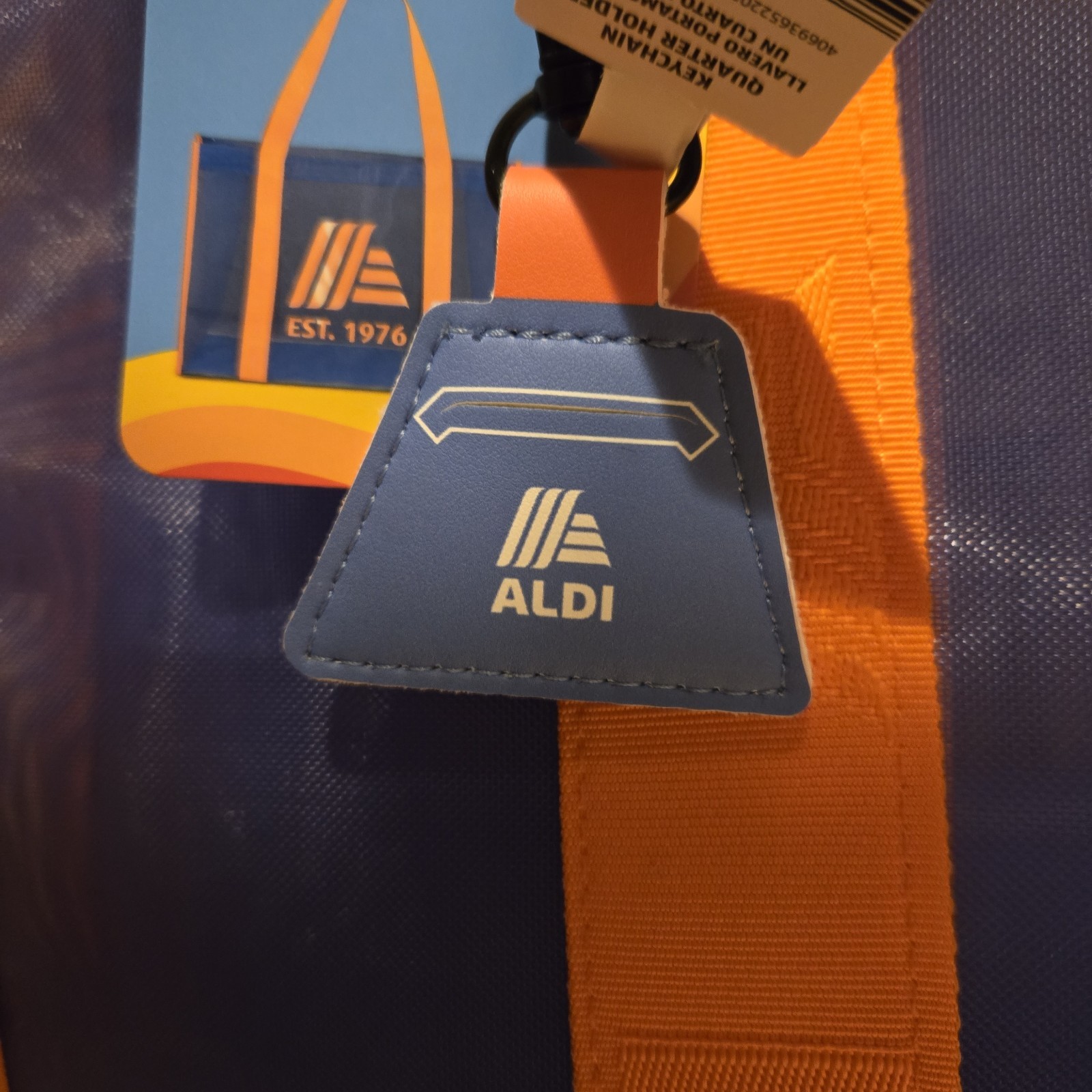 ALDI 50th Anniversary Mesh Tote Bag Blue With Orange Straps Quarter Keychain NEW