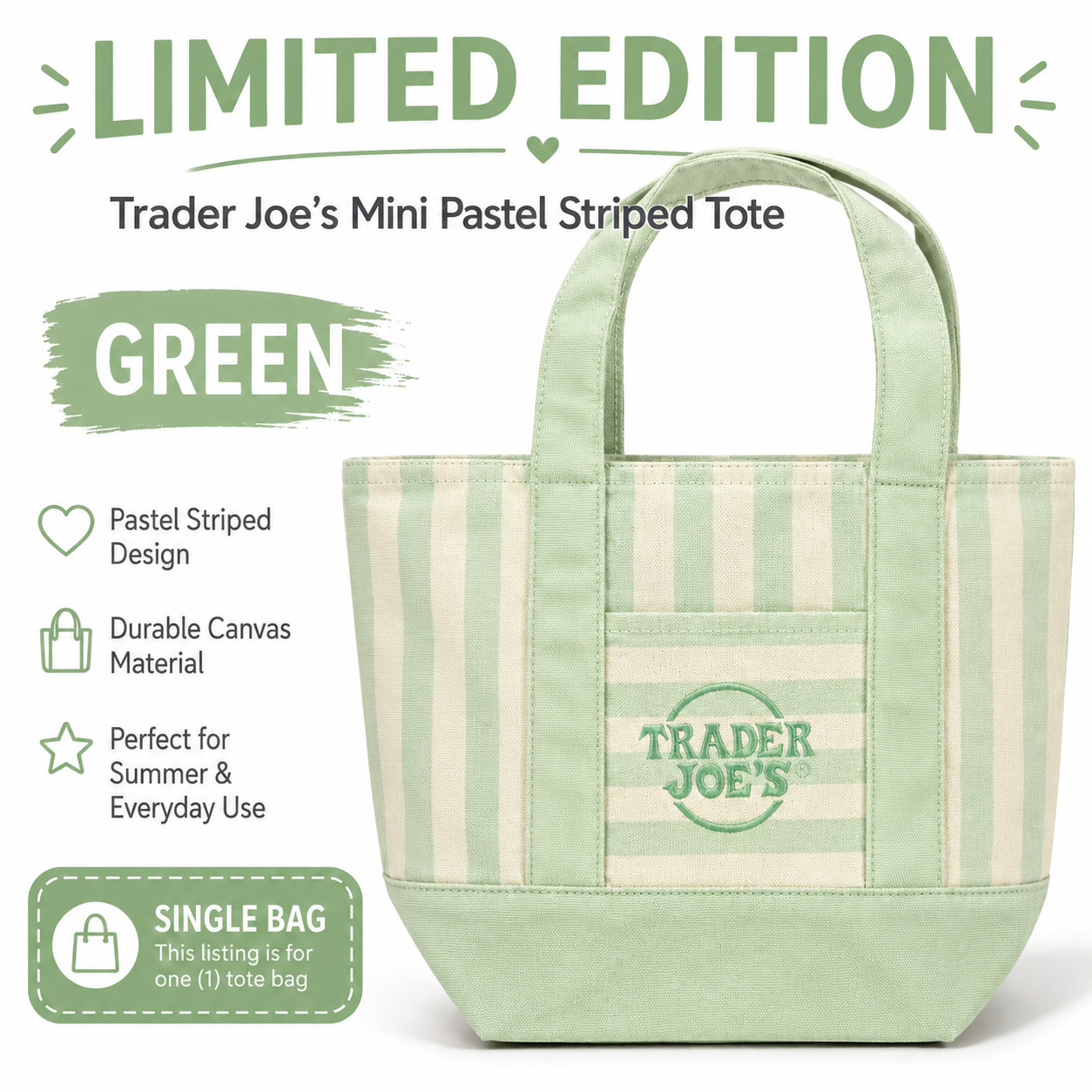 Ships Today | Trader Joe’s Mini Tote Bag Green/White Stripe Canvas Summer 2026