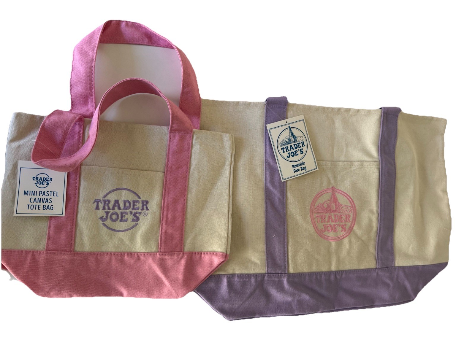 Trader Joe’s Lavender Purple Large + Pink Mini Canvas Tote Bag 2 Set Limited 🛍️