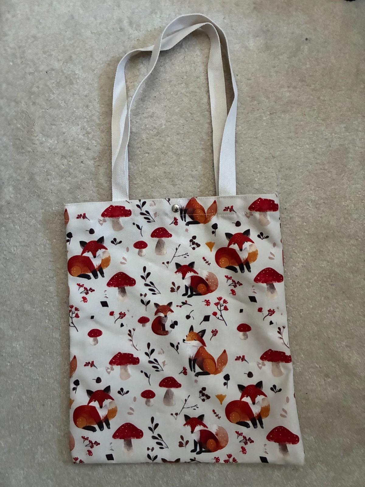 Fox & Mushrooms Shopping Travel Tote Bag w/ Clasp Button 15″ x 13″ White Orange