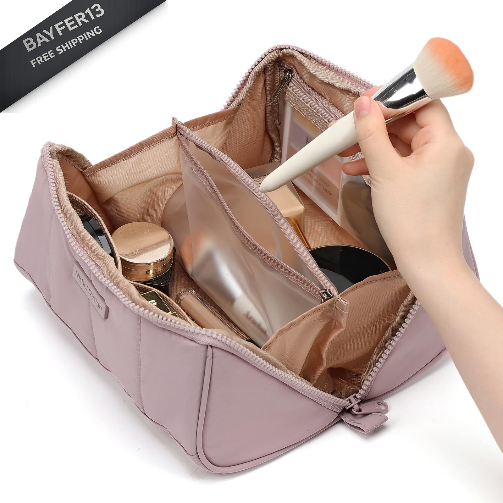 NISHEL Travel Makeup Bag for Women, Fluffy & Lightweight Medium, Peach-Pink