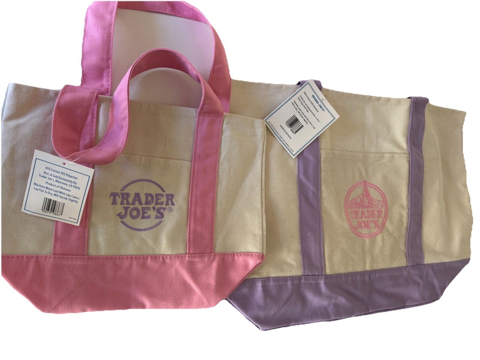 Trader Joe’s Lavender Purple Large + Pink Mini Canvas Tote Bag 2 Set Limited 🛍️