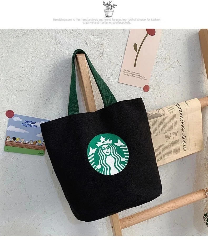 Starbucks Large Canvas Tote Bag with Green Handles – Reusable Daily Bag black