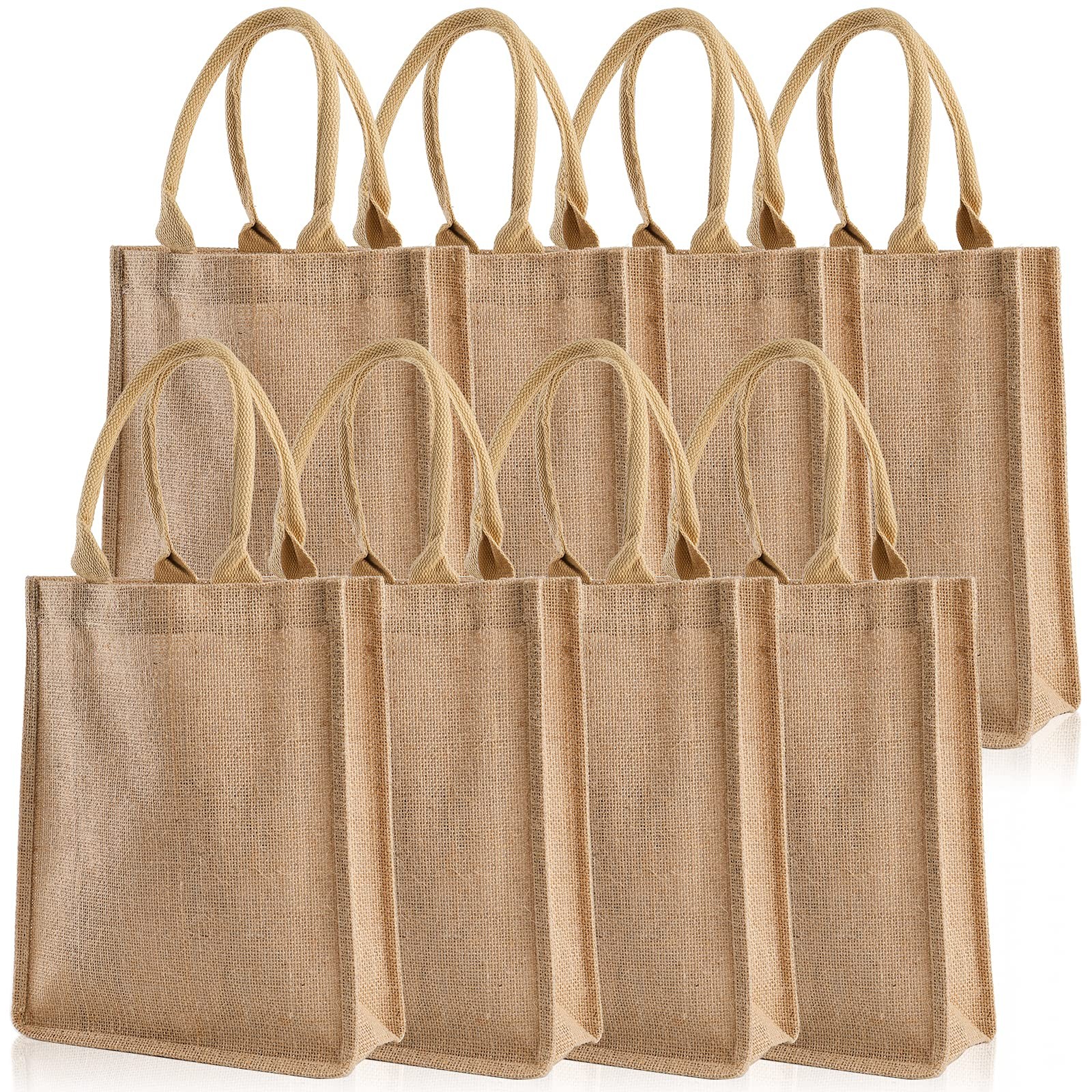 9.8×11.8×3.9 Inch Natural Jute Burlap Tote Beach Gift Bag Handle Lined 8 PCS