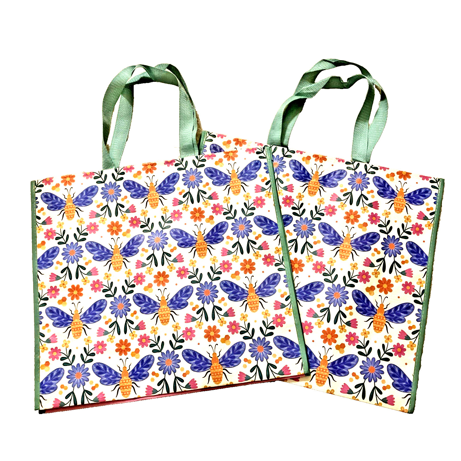 2 Pk Floral Bumble Bee Reusable Shopping Tote Bag Gift Grocery Bag Set Colorful