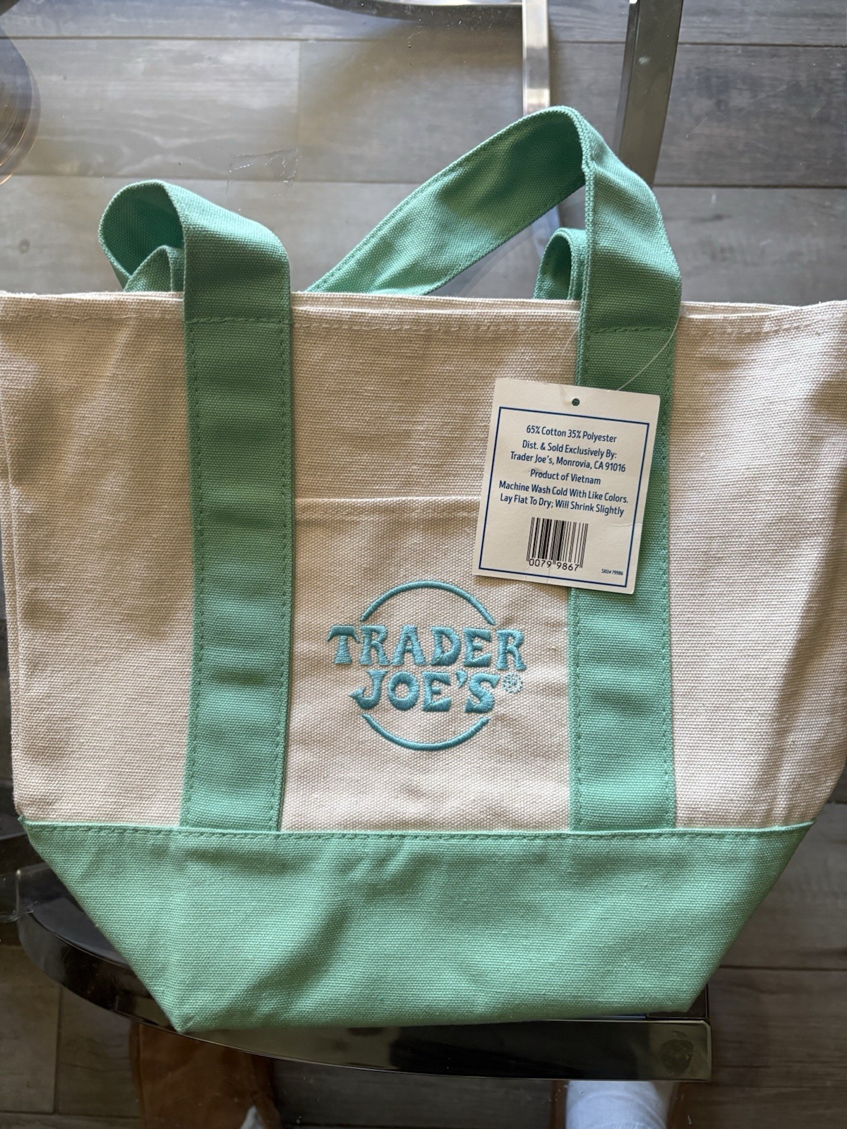 Trader Joe’s Small Reusable Tote Bag Green/Beige Cotton Blend 13x10x10