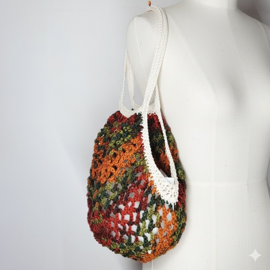 Handmade Camo Farmers Market Bag Crochet French Net Sack Cotton Grocery Beach