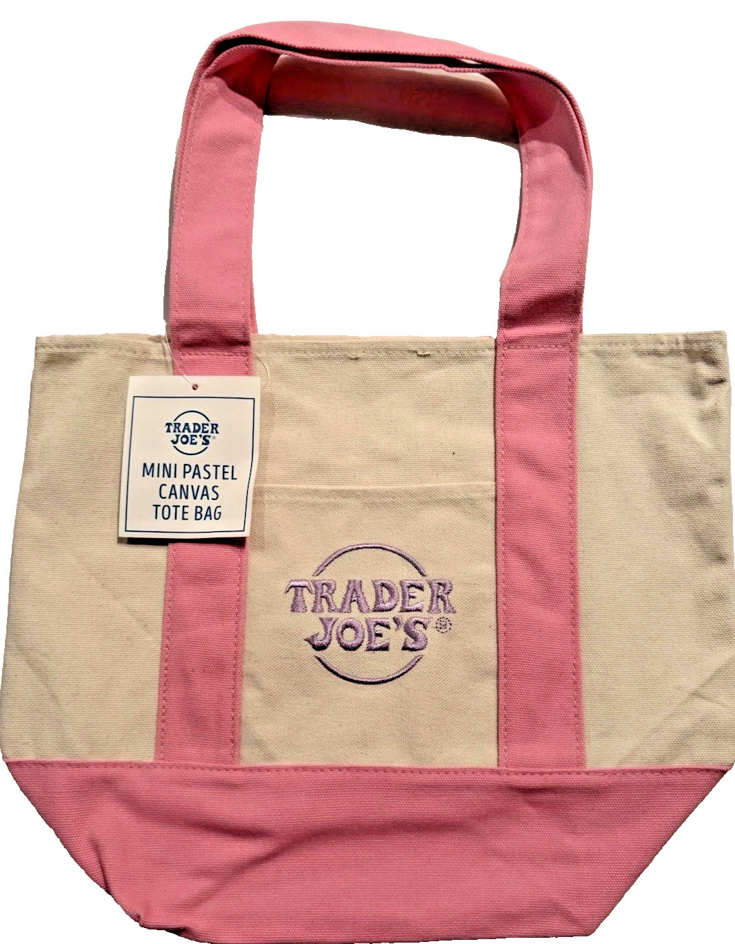 Trader Joe’s, Mini Pastel Canvas Tote Bag, Pink / Lavender Logo