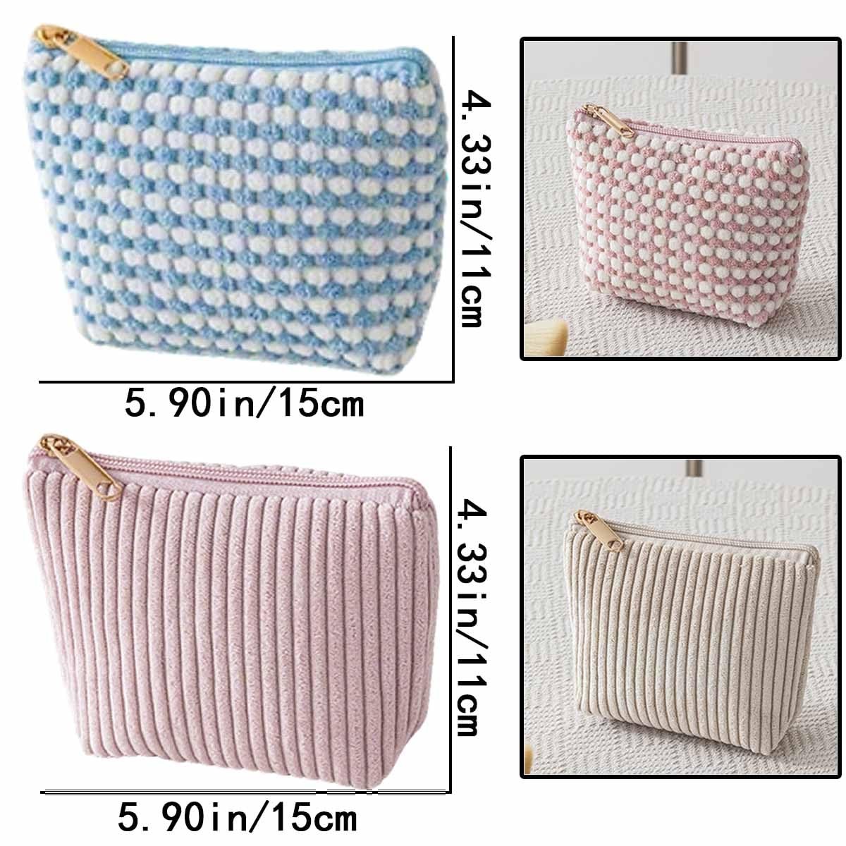 Heogacinlia 4 PCS Corduroy Cosmetic Bag Lattice Makeup Pink, blue, khaki
