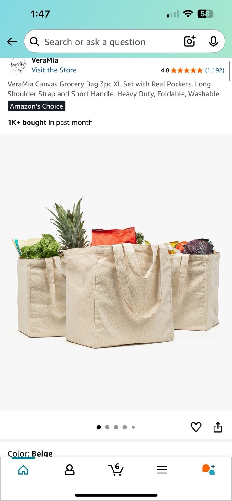 VeraMia Canvas Grocery Bag 3pc XL Pockets Long Shoulder Strap Handle Heavy Duty