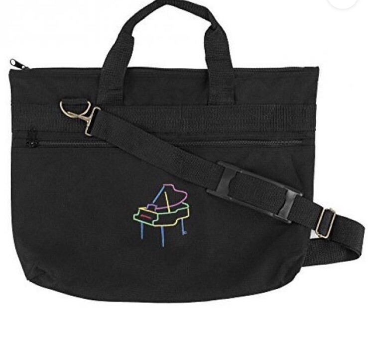 TOTE BAG EMBROIDERED GRAND PIANO BLACK CANVAS 13″ X 18″ POCKETS ZIPPERS