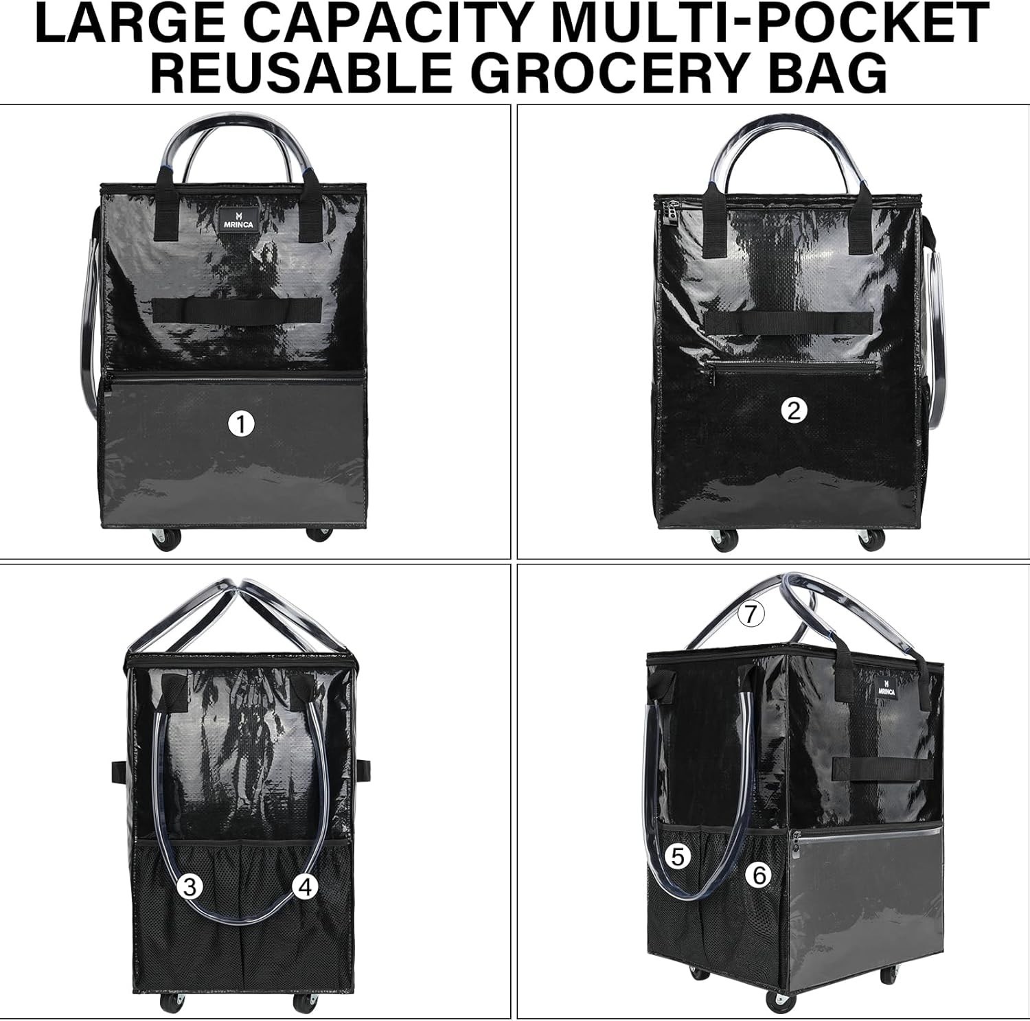 MRINCA Large Reusable Shopping Bag with Wheels Black Multiple Pockets Zippered