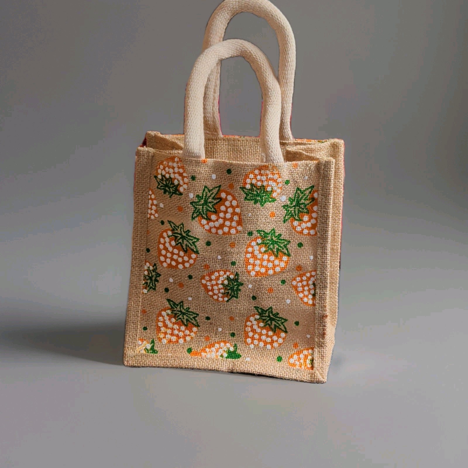 Small Foldable Canvas Reusable Shopping Bag Strawberry Print Beige Orange Green