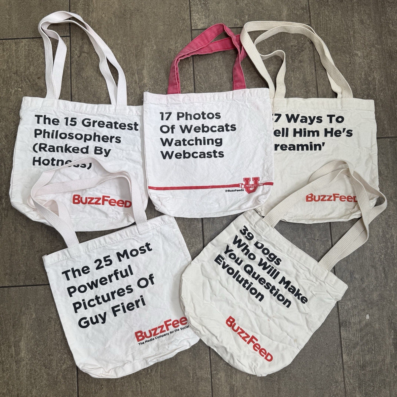 5 BuzzFeed Branded Canvas Shopping Meme Totes Lot Discontinued Buzz Feed 12×13