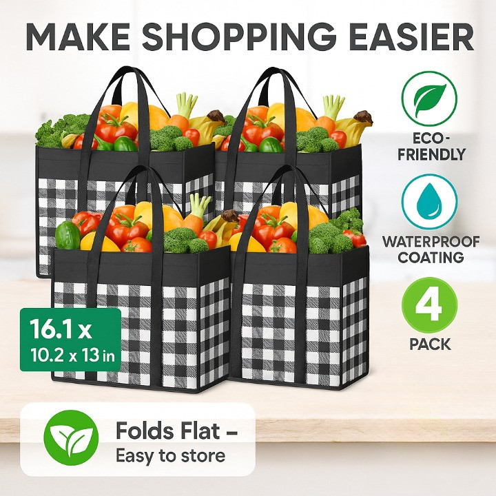 Reusable Grocery Shopping Bags 4 Pack Large Foldable Totes Waterproof Heavy Duty