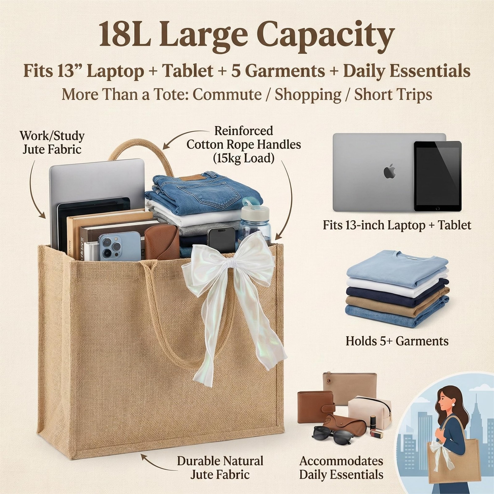 6 PCS Bridesmaid Burlap Jute Tote Bags Handles 15x6x12 Inch Waterproof Lining